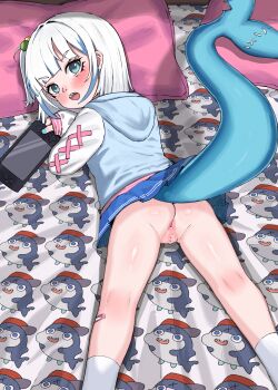 1girl anus bandaid bandaid_on_leg bed_sheet bloop_(gawr_gura) blue_eyes blue_nails censored commentary english_commentary feet_out_of_frame fins fish_tail from_above from_behind gawr_gura hair_ornament handheld_game_console heart heart_censor highres hololive hololive_english hood hood_down hoodie kitavana kneepits loli looking_at_viewer lying miniskirt no_panties on_bed on_stomach pink_pillow pussy shark_tail short_hair skirt socks solo spread_legs tail tail_raised turning_head virtual_youtuber white_hair