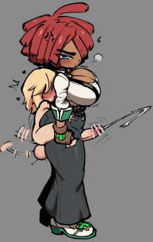 Rule 34 | 1boy, 1girl, anger vein, annoyed, blonde hair, blue eyes, blush, boots, breasts, bridget (guilty gear), cleavage, clothed female nude male, dark-skinned female, dark skin, frog embrace position, giovanna (guilty gear), grabbing from behind, guilty gear, guilty gear strive, heart, hetero, highres, huge breasts, huge penis, humping, jellot, large breasts, medium hair, nude, penis, precum, red hair, short hair, suspenders, testicles, thick thighs, thigh sex, thighs, togosh