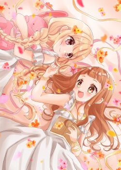 2girls :d bare_shoulders blonde_hair blush book braid brown_eyes brown_hair closed_mouth collarbone commentary_request dress flower futaba_anzu hair_flower hair_ornament hand_up highres hugging_object ichihara_nina idolmaster idolmaster_cinderella_girls idolmaster_cinderella_girls_starlight_stage long_hair low_twintails lying multiple_girls on_back open_book open_mouth orange_flower pink_flower rino_cnc smile stuffed_animal stuffed_rabbit stuffed_toy sundress twin_braids twintails very_long_hair yellow_flower