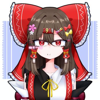 Rule 34 | 1girl, :t, alternate costume, black shirt, black sleeves, bow, brown hair, closed mouth, collared shirt, commentary request, datoukairo, detached sleeves, flower, frilled bow, frilled hair tubes, frills, hair bow, hair flower, hair ornament, hair tubes, hakurei reimu, highres, long hair, neck ribbon, pout, red bow, red eyes, ribbon, shirt, solo, touhou, two-tone shirt, upper body, white shirt, x hair ornament, yellow bow, yellow ribbon, yin yang