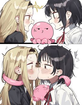 2girls ai-generated anger_vein black_hair blonde_hair blush brown_eyes forced forced_kiss hairband kiss loli multiple_girls non-web_source sweat takopii_no_genzai tentacles yellow_eyes yuri