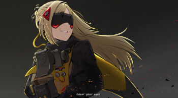 1girl blindfold_mask blonde_hair breasts camouflage commentary covered_eyes english_commentary hair_ornament highres long_hair mask pants ponytail smile solo tactics9 trigger_(zenless_zone_zero) zenless_zone_zero