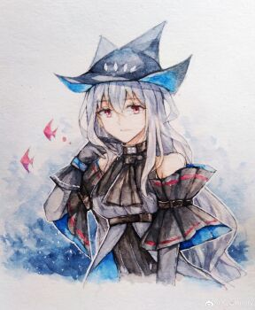 1girl absurdres arknights ascot bare_shoulders black_ascot black_dress black_gloves black_hat blue_hat cropped_torso dress gloves gou_xia_kristy grey_hair hair_between_eyes hand_in_own_hair hand_up hat highres long_hair long_sleeves looking_at_viewer red_eyes skadi_(arknights) solo traditional_media two-sided_fabric two-sided_headwear