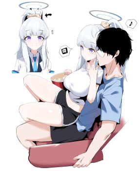 1boy 1girl absurdres alternate_costume alternate_hairstyle black_hair black_shorts blue_archive blue_necktie blue_shirt breasts collared_shirt covered_eyes crop_top feeding food grey_hair halo high_ponytail highres large_breasts long_hair multiple_views musical_note necktie noa_(blue_archive) plentyofempty ponytail popcorn purple_eyes scrunchie sensei_(blue_archive) shirt short_shorts shorts simple_background sitting sitting_on_lap sitting_on_person white_background white_shirt