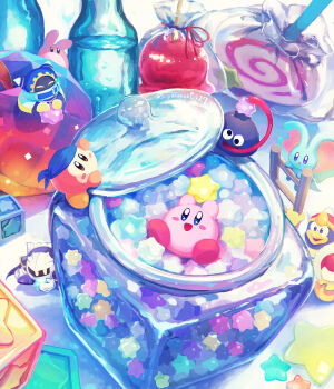 animal_ears bandana bandana_waddle_dee blue_bandana blush_stickers bottle candy candy_apple cape closed_eyes commentary_request disembodied_hand elfilin food gloves gooey_(kirby) highres invincible_candy jar king_dedede kirby kirby_(series) konpeitou ladder magolor mask meta_knight mouse_ears nintendo no_humans notched_ear open_mouth polof pom_pom_(clothes) rayman_limbs smile solid_oval_eyes star_(symbol) suyasuyabi tongue twitter_username yellow_eyes