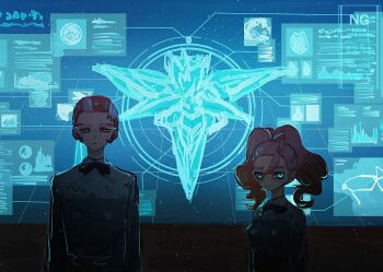 1boy 1girl aqua_eyes backlighting black_bow black_bowtie bow bowtie glasses glowing glowing_eyes gradient_hair griselle_(pokemon) grisham_(pokemon) hair_pulled_back height_difference highres holographic_monitor horimhkw11 looking_at_viewer multicolored_hair nintendo orange_hair pokemon pokemon_legends:_z-a red_eyes shirt split_ponytail two-tone_hair upper_body wavy_hair white-framed_eyewear white_hair white_shirt