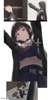 1boy 1girl arm_cutout black_choker black_hair black_jacket black_serafuku black_shirt black_skirt chisa_(wuthering_waves) choker clothing_cutout commentary corrupted_twitter_file cryne english_commentary food from_below highres jacket long_hair long_sleeves looking_at_viewer looking_down male_rover_(wuthering_waves) mini_person miniboy neckerchief parted_lips pocky red_eyes red_neckerchief rover_(wuthering_waves) sailor_collar school_uniform serafuku shirt skirt white_sailor_collar wuthering_waves