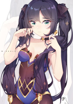 1girl absurdres akovo artist_self-insert bare_shoulders black_choker black_hair black_ribbon blue_eyes blue_leotard blush bodystocking choker collarbone covered_navel earrings genshin_impact hair_ribbon hand_in_own_hair highres jewelry leotard long_hair looking_at_viewer mona_(genshin_impact) ribbon solo_focus star_(symbol) star_earrings twintails twitter_username very_long_hair zoom_layer