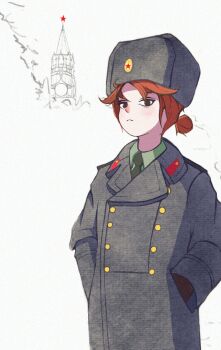 1girl badge buttons coat cold collar copyright_request epaulettes green_shirt grey_coat hair_bun hands_in_pockets hat hhcccp highres insignia kremlin military military_coat military_hat military_uniform necktie red_hair red_nose red_star russia russian_clothes shirt single_hair_bun slavic_clothes soldier soviet soviet_army standing star_(symbol) trench_coat undershirt ushanka white_background winter_clothes winter_uniform