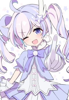 1girl :d absurdres ahoge aoraine blue_archive bow cowboy_shot detached_hair dot_nose dress gloves hair_ornament highres juliet_sleeves light_blush long_sleeves looking_at_viewer multicolored_hair one_eye_closed open_mouth pointing pointy_ears puffy_sleeves purple_bow purple_eyes reisa_(blue_archive) reisa_(magical)_(blue_archive) smile solo star_(symbol) star_hair_ornament star_symbol_background two-tone_hair white_background wing_hair_ornament