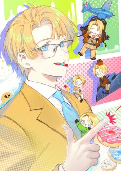 Rule 34 | > <, 1boy, :d, ahoge, america (hetalia), axis powers hetalia, blonde hair, blue eyes, chibi on chest, chibi on shoulder, donut, emoji, food, formal clothes, glasses, grin, highres, huacai, multiple persona, one eye closed, open mouth, paneled background, paper airplane, pill in mouth, pleading face emoji, pointing, pointing up, smile, suit, xd, yellow suit