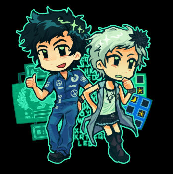 Rule 34 | 1boy, 1girl, absurdres, anarchy symbol, aqua outline, black background, black boots, black flower, black hair, black shoes, black skirt, blue jacket, blue pants, blue shirt, boots, brooch, collared shirt, deformed, flower, full body, hair flower, hair ornament, hand on own hip, highres, jacket, jewelry, kyokugen dasshutsu, kyokugen dasshutsu adv: zennin shibou desu, necklace, no sclera, oneinhiding, open clothes, open jacket, open mouth, outline, pants, phi (kyokugen dasshutsu), shirt, shoes, short hair, short sleeves, sigma (kyokugen dasshutsu), simple background, skirt, sleeveless, sleeveless jacket, sleeveless shirt, smile, standing, thumbs up, very short hair, watch, white hair, white shirt, wristwatch