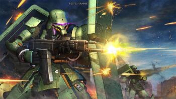 battle beam_rifle burning cable cloud cloudy_sky copyright_logo damaged debris dirty energy_beam energy_gun explosion firing geara_zulu gundam gundam_battle_operation_2 gundam_unicorn highres logo machinery mecha mecha_focus mobile_suit neo_zeon official_art one-eyed painting_(medium) realistic robot scan science_fiction shield sky smoke sunrise_(company) tenjin_hidetaka traditional_media weapon