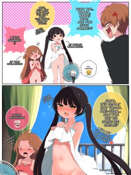 >_< 2koma :3 absurdres anger_vein angry bare_shoulders black_hair black_shirt blue_sky blush bottomless brother_and_sister brown_hair closed_eyes clothes_lift cloud collarbone comic crying_emoji curtains dress dress_lift eleazarmikai electric_fan emoji english_text forehead green_eyes highres hot indoors kanna_(eleazarmikai) loli long_hair meme mesugaki nana_(eleazarmikai) navel nose_blush onii-chan_(eleazarmikai) open_mouth original pussy railing red_dress rum_raisin shirt short_hair siblings sideways_mouth sisters sky spaghetti_strap sparkle sundress sweat twintails uohhhhhhhhh!_(meme) very_long_hair white_dress window