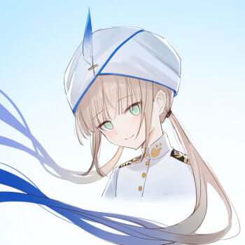 1boy androgynous blonde_hair blue_background blue_hair blunt_bangs blush border buttons captain_nemo_(fate) captain_nemo_(first_ascension)_(fate) closed_mouth commentary_request fate/grand_order fate_(series) floating_hair gradient_hair green_eyes hair_ornament hat hat_feather hat_ornament jacket le_memory long_hair long_sleeves looking_at_viewer low_twintails male_focus mandarin_collar multicolored_hair nemo_(fate) outside_border sidelocks simple_background smile solo twintails very_long_hair white_border white_hat white_jacket
