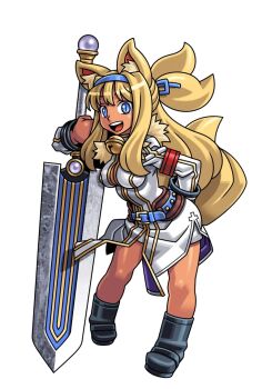 Rule 34 | 1girl, animal ears, ankle boots, arm behind back, armband, bell, belt, black boots, blonde hair, blue belt, blue eyes, blue hairband, blue ribbon, boots, coat, dark-skinned female, dark skin, fox ears, fox tail, fur-trimmed coat, fur trim, gold trim, hair ribbon, hairband, harakawa mitsuhiro, holding, holding sword, holding weapon, huge weapon, kouretsuken mahiru, long hair, neck bell, official art, open mouth, planted, planted sword, planted weapon, ponytail, ribbon, shinrabanshou, sidelocks, skirt, solo, sword, tail, teeth, third-party source, transparent background, upper teeth only, weapon, white coat, white skirt