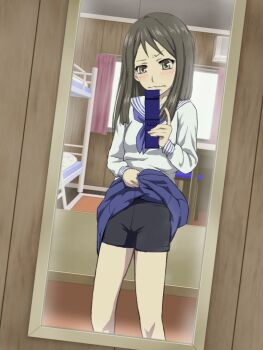 10s 1girl bed black_hair blush brown_eyes bunk_bed cellphone clothes_lift curtains dom_(jiromike2000) flip_phone hanasaku_iroha heart lifting_own_clothes long_hair looking_at_viewer mirror phone presenting reflection school_uniform self_exposure selfie serafuku shorts skirt skirt_lift standing tagme tsurugi_minko window