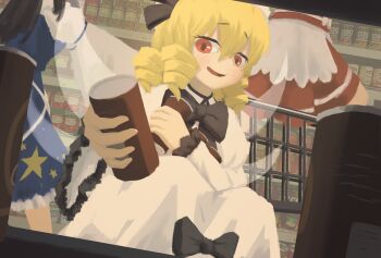 3girls black_bow black_bowtie blonde_hair bow bowtie can commentary_request drill_hair highres indoors long_sleeves luna_child medium_hair multiple_girls quad_drills red_eyes shelf shopping_cart sliyu star_sapphire sunny_milk supermarket touhou