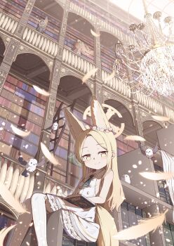 3girls absurdres animal_ear_fluff animal_ears bird blonde_hair blue_archive blush book bookshelf capelet chandelier closed_mouth dress falling_feathers feathers fox_ears fox_girl frilled_dress frills gold_trim halo highres holding holding_book kyouwashi library long_hair looking_at_viewer multiple_girls nagisa_(blue_archive) reading seia_(blue_archive) shirt sleeveless sleeveless_shirt smile very_long_hair white_capelet white_dress yellow_eyes yellow_halo