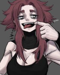 Rule 34 | 1girl, black eyes, breasts, grey background, limn044, open mouth, original, red hair, roxan (limn044), signature, simple background, sketch, solo, tongue, tongue out