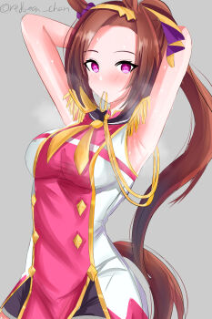 Rule 34 | 1girl, animal ears, armpit focus, armpits, arms up, breasts, closed mouth, commentary, dress, epaulettes, forehead, gold trim, grey background, hair ribbon, highres, horse ears, horse girl, horse tail, impossible clothes, impossible dress, long hair, looking at viewer, medium breasts, mouth hold, parted bangs, ponytail, purple eyes, redbean chan, ribbon, sakura bakushin o (blossom in learning) (umamusume), sakura bakushin o (umamusume), short dress, simple background, sketch, sleeveless, smell, solo, steaming body, sweat, sweatdrop, tail, twitter username, tying hair, umamusume, very long hair