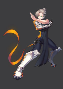 1girl absurdres bare_shoulders black_background black_legwear commentary covered_navel english_commentary fighting_stance forehead full_body green_eyes gwonhu_(pjj910) hair_bun hand_up highres legs_apart machine martial_arts mechanical_arms mechanical_legs original platinum_blonde_hair science_fiction serious shadow simple_background single_hair_bun single_mechanical_arm solo thigh_strap