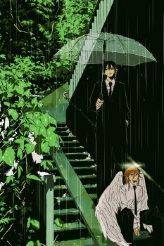 Rule 34 | 2boys, angel devil (chainsaw man), angel wings, arms between legs, black hair, black jacket, black necktie, black pants, chainsaw man, commentary, glowing, glowing halo, hair between eyes, halo, hand in pocket, hayakawa aki, highres, jacket, kumanooppo, long hair, long sleeves, male focus, multiple boys, necktie, on stairs, outdoors, pants, plant, ponytail, railing, rain, red eyes, red hair, shirt, short hair, short ponytail, sitting, sitting on stairs, stairs, standing, sword, sword on back, transparent, transparent umbrella, umbrella, weapon, weapon on back, white shirt, white wings, wings