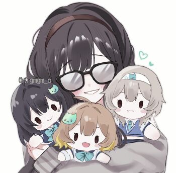 1girl anis_(nikke) artist_name black-framed_eyewear black_hair blush blush_stickers bow bowtie brown_hair character_doll commentary doll fang glasses goddess_of_victory:_nikke hair_ornament hairband heart highres hugging_object long_sleeves mint_(nikke) nigmgm_o open_mouth prika_(nikke) riss_(nikke) simple_background smile solo stuffed_toy twitter_username untranslatable_commentary white_background