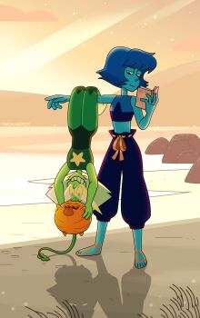 2girls artist_name blonde_hair blue_hair blue_skin book clenched_teeth closed_eyes closed_mouth colored_skin commentary drawstring english_commentary full_body gem green_gem green_skin highres holding holding_book lapis_lazuli_(steven_universe) looking_at_another multiple_girls open_mouth outdoors outstretched_arm peridot_(steven_universe) pumpkin_(steven_universe) rock smile standing star_(symbol) steven_universe teeth tied_drawstring timehuntress tongue tongue_out