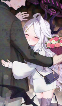Rule 34 | 1boy, 1girl, adversarial noise, ahoge, bag, black jacket, black wings, blue archive, blurry, blurry background, blush, bouquet, closed eyes, closed mouth, commentary request, depth of field, flower, grey pants, grey thighhighs, hair ornament, hairclip, halo, handbag, head out of frame, highres, hina (blue archive), holding, holding bouquet, horns, jacket, jewelry, long hair, long sleeves, low wings, masshirokachi, nail polish, pants, parted bangs, pink flower, puffy long sleeves, puffy sleeves, red flower, red rose, ribbed thighhighs, ring, rose, sensei (blue archive), shoulder bag, single hair intake, sleeves past wrists, small sweatdrop, sweat, tears, thighhighs, very long hair, watermark, white flower, white hair, white jacket, white rose, wings, yellow nails