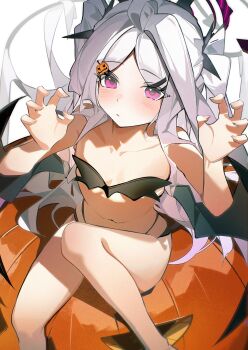 1girl absurdres alternate_costume ayu_(user_xkhp7843) bikini black_bikini black_wings blue_archive hair_ornament halloween highres hina_(blue_archive) jack-o&#039;-lantern jack-o&#039;-lantern_hair_ornament long_hair looking_at_viewer pink_eyes pumpkin simple_background solo swimsuit white_background white_hair wings