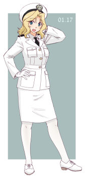 1girl arm_behind_head black_necktie blonde_hair blue_eyes border breast_pocket combat_medic commentary_request dated girls_und_panzer gloves green_background hair_intakes hand_on_own_hip hat jacket kay_(girls_und_panzer) long_sleeves looking_at_viewer military_rank_insignia military_uniform naval_uniform necktie nurse open_mouth pantyhose pocket shirt shoes shoulder_boards skirt smile solo standing united_states_navy uona_telepin white_border white_gloves white_hat white_jacket white_pantyhose white_shirt white_shoes white_skirt