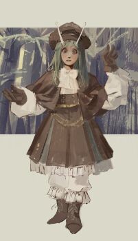 Rule 34 | 1other, adapted costume, amanomori shou, androgynous, antennae, aqua eyes, boots, bow, bowtie, brown boots, brown capelet, brown gloves, brown hat, brown skirt, capelet, chain, chain belt, commentary, english commentary, eyelashes, forest, frilled pants, frilled skirt, frills, full body, gloves, gold buttons, gold chain, green hair, grey background, hat, hatsburg, high-waist skirt, highres, lace-up boots, len'en, long hair, long sleeves, medium skirt, nature, newsboy cap, other focus, outdoors, pants, pants under skirt, pleated skirt, puffy long sleeves, puffy sleeves, realistic, shirt, skirt, solo, standing, straight hair, surprised, white bow, white bowtie, white pants, white shirt, wide-eyed
