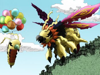 balloon blue_sky bug digimon digimon_(creature) floating flying flymon insect_wings kunemon looking_at_another no_humans sky what wings