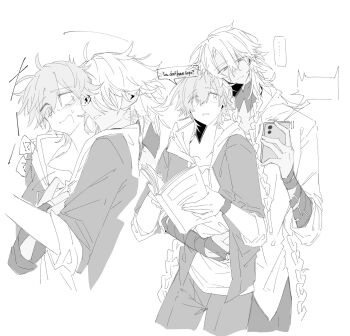 ... 1boy 1other alternate_costume belt blush book braid caelus_(honkai:_star_rail) caelus_(world_tour_2023)_(honkai:_star_rail) cellphone closed_mouth collared_shirt covered_eyes cowboy_shot dark_skin detached_collar english_text fingernails greyscale hair_between_eyes hair_ornament hair_over_eyes hair_tubes half-closed_eyes hand_around_waist hand_up hands_up highres hki_8b holding holding_book holding_phone honkai:_star_rail honkai_(series) hood hoodie jacket jewelry lapels long_hair long_sleeves looking_at_another looking_at_phone monochrome multiple_braids multiple_views nanook_(honkai:_star_rail) official_alternate_costume open_book open_clothes open_jacket open_mouth other_with_male pants phone puffy_long_sleeves puffy_sleeves ring scar scar_on_face shirt short_hair simple_background smartphone smile speech_bubble spoken_ellipsis standing sweatdrop teeth trailblazer_(honkai:_star_rail) trembling upper_body wing_collar wristband