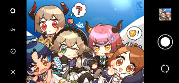 1other 4girls ? animal_ears arknights artist_logo black_gloves black_jacket black_pantyhose blue_bow blue_hair blue_jacket blue_shirt bow broken_horn brown_eyes brown_hair cheese chibi conviction_(arknights) cow_ears cow_girl cow_horns dated dress feather_hair flower flower_on_head food fox_ears fox_girl gloves green_eyes group_picture hair_bow highres horn_ornament horn_ring horns jacket lens_flare logo material_growth mon0ch multiple_girls nervous_sweating open_mouth oripathy_lesion_(arknights) pallas_(arknights) pantyhose perfumer_(arknights) red_eyes selfie shirt sideroca_(arknights) skirt sky smile speech_bubble sweat sweatdrop thought_bubble user_interface v vulcan_(arknights) white_dress white_skirt yellow_eyes