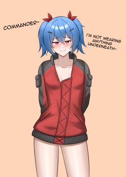1girl absurdres arms_behind_back aroused blue_hair blush bottomless breasts colphne_(girls'_frontline_2) english_text girls'_frontline girls'_frontline_2:_exilium grin hair_between_eyes hair_ornament hair_ribbon hairclip half-closed_eyes highres jacket medium_hair naked_jacket pink_eyes pussy_juice red_eyes red_ribbon ribbon small_breasts smile smug solo standing teasing thighs undercoder