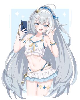 1girl absurdres ahoge bare_arms bare_legs bare_shoulders between_legs bikini bikini_skirt blue_eyes blush bow breasts cellphone chicami cleavage closed_mouth collarbone commentary_request female_tyrant_(stella_sora) female_tyrant_(swimsuit)_(stella_sora) frilled_bikini frills hair_ribbon hairband halterneck hand_between_legs heart highres holding holding_phone long_hair looking_at_viewer medium_breasts midriff navel official_alternate_costume phone pointy_ears ponytail ribbon smartphone smile solo stella_sora stomach string_bikini swimsuit thighs tyrant_(stella_sora) very_long_hair white_bikini white_hair