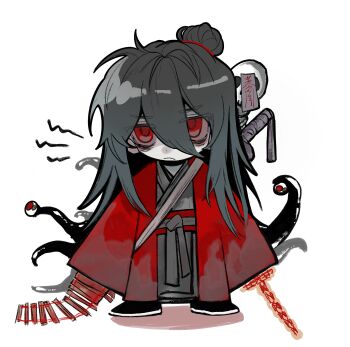 1boy bags_under_eyes bamboo_slips black_hair black_hanfu black_shoes bone ch189615 chibi chibi_only chinese_clothes chinese_commentary closed_mouth coat coin coin_sword creature dao_gui_yi_xian eyeball full_body hair_between_eyes hair_bun hanfu highres holding holding_scroll holding_sword holding_weapon holed_coin li_huowang li_sui_(tentacles) long_hair long_sleeves looking_at_viewer male_focus ofuda red_coat red_eyes robe scroll shaded_face shoes shoulder_belt shout_lines simple_background single_hair_bun skull sleeves_past_fingers sleeves_past_wrists solo spine spine_sword standing sword sword_on_back sword_tassel talisman tassel tentacles weapon weapon_on_back white_background