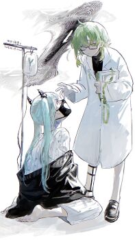 2girls alternate_costume aqua_hair black_jacket black_mask book doctor glasses green_eyes green_hair gumi hair_ornament hatsune_miku highres holding holding_book horns intravenous_drip jacket komori_(ih3cg) long_hair looking_at_another multiple_girls pajamas sidelocks sitting slow_downer_(vocaloid) twintails vocaloid wariza wavy_background white_background white_pajamas