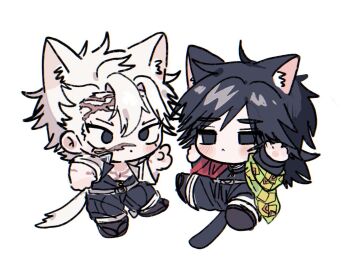 2boys animal_ears arms_up black_eyes black_hair black_jacket buttons cat_boy cat_ears cat_tail chibi chibi_only closed_mouth commentary_request demon_slayer_uniform dot_mouth full_body hand_up haori high_collar jacket japanese_clothes kimetsu_no_yaiba long_hair low_ponytail male_focus multiple_boys ponytail print_haori red_haori scar scar_on_face shinazugawa_sanemi simple_background spiked_hair tail tomioka_giyuu usisandao white_background white_hair