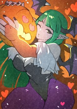 1girl black_leotard black_nails blunt_bangs breasts bridal_gauntlets cleavage darkstalkers demon_wings e-kaki green_hair halloween head_wings heart highres holding holding_pumpkin leotard looking_at_viewer morrigan_aensland one_eye_closed pantyhose pointy_ears pumpkin purple_pantyhose strapless strapless_leotard wings yellow_background yellow_eyes