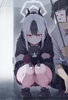 1boy 1girl absurdres animal black_cat black_hair black_hoodie black_horns black_shoes blue_archive blush bright_pupils cat chinese_commentary closed_mouth colored_sclera commentary crossed_arms demon_girl demon_horns doodle_sensei_(blue_archive) double-parted_bangs full_body green_sclera grey_halo halo highres holding holding_animal holding_cat holding_umbrella hood hood_down hoodie horns kayoko_(blue_archive) looking_at_animal looking_down medium_hair miniskirt mole mole_on_neck multicolored_hair outdoors plaid_clothes plaid_skirt pleated_skirt ponytail rain red_eyes red_skirt sensei_(blue_archive) shoes short_hair skirt smile split_mouth squatting t-hou two-tone_hair umbrella under_umbrella white_hair white_pupils
