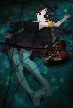 1girl akiyama_mio armpit_crease armpits bare_shoulders bare_tree bass_guitar black_dress black_eyes black_hair blue_arm_warmers blue_background blue_pantyhose branch chromatic_aberration commentary_request don&#039;t_say_&quot;lazy&quot; dress frilled_dress frills from_above full_body hat highres instrument k-on! long_hair looking_at_viewer lovingkyotaro lying mini_hat mini_top_hat no_shoes official_alternate_costume pantyhose parted_bangs shadow solo striped_arm_warmers toes top_hat tree