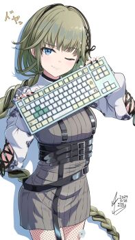 1girl ;) arm_cutout beads belt black_belt black_hair black_nails black_ribbon blue_eyes braid breasts brown_hair clothing_cutout cross-laced_clothes cross-laced_cutout cross-laced_sleeves dated dress fishnet_pantyhose fishnets floral_print grey_dress hair_beads hair_ornament hair_ribbon hanabusa_lisa hanabusa_lisa_(4th_costume) highres holding_computer_keyboard computer_keyboard long_braid long_hair long_sleeves looking_at_viewer medium_breasts misaki_misaki33 multicolored_hair official_alternate_costume official_alternate_hairstyle one_eye_closed pantyhose raised_eyebrow ribbed_dress ribbon short_dress shrug_(clothing) single_braid smile smug solo streaked_hair too_many too_many_belts very_long_hair virtual_youtuber vspo! white_background white_shrug