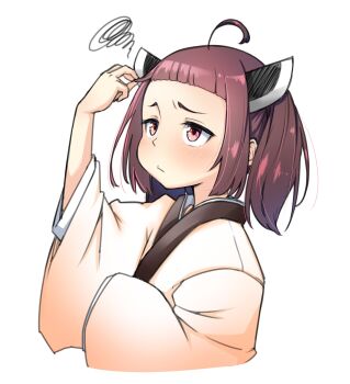 1girl ahoge alternate_hairstyle asymmetrical_sleeves blunt_bangs blush brown_hair brown_kimono commentary_request cropped_torso from_side frown furrowed_brow hand_up headgear highres japanese_clothes kimono looking_up medium_hair pink_eyes shiyoheee short_bangs sidelocks simple_background single_sleeve_past_fingers solo squiggle touhoku_kiritan twintails uneven_sleeves unhappy voiceroid white_background