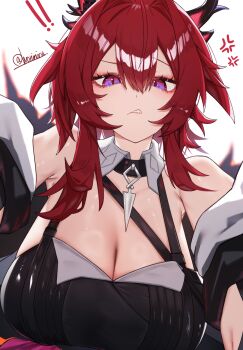 Rule 34 | !, !!, 1girl, absurdres, anger vein, arknights, arknights: endfield, bare shoulders, biting own lip, black horns, black shirt, breasts, cleavage, commentary request, hair between eyes, highres, horns, laevatain (arknights), large breasts, long hair, looking at viewer, off shoulder, partial commentary, purple eyes, raised eyebrow, red hair, shirt, solo, surtr (arknights), twitter username, worimiru