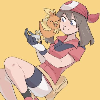 1girl artist_request bandana bike_shorts black_gloves black_shorts blue_eyes brown_hair cheek-to-cheek closed_mouth commentary english_commentary fanny_pack gen_3_pokemon gloves hair_between_eyes heads_together highres looking_at_another may_(pokemon) multicolored_gloves nintendo pokemon pokemon_(creature) pokemon_rse random_minty red_bandana red_shirt shirt short_hair short_sleeves shorts smile torchic two-tone_gloves white_gloves yellow_background
