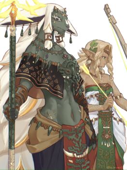 1boy 1girl animal_ears arrow_(projectile) blonde_hair bow_(weapon) bracelet circlet commentary dark-skinned_female dark_skin dress furry furry_male furry_with_non-furry green_tabard highres holding holding_arrow holding_bow_(weapon) holding_staff holding_weapon husband_and_wife interspecies ivy_(sena0119) jewelry magatama navel nintendo pointy_ears rauru_(tears_of_the_kingdom) sonia_(zelda) staff standing strapless strapless_dress symbol-only_commentary tabard the_legend_of_zelda the_legend_of_zelda:_tears_of_the_kingdom weapon white_dress zonai