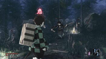 1boy 2others black_pants black_shirt brown_hair checkered_haori demon_slayer_uniform earrings haori health_bar holding holding_sword holding_weapon japanese_clothes jewelry kamado_tanjirou katana kimetsu_no_yaiba multiple_others night pants rock samidare_(hoshi) scabbard sekiro:_shadows_die_twice sheath shirt silk spider_web subtitled sword tree user_interface weapon